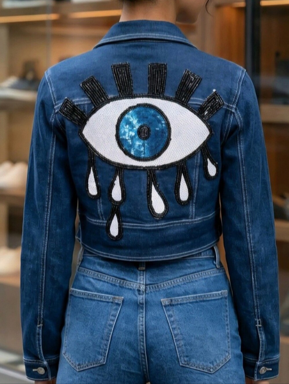 🔥👁 MEBON By Machine Festival Evil Eye Sequin Cropped Denim Jacket NWT Size M